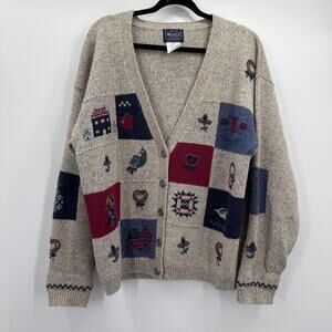 Woolrich Cardigan Sweater Womens XL Oatmeal Wool Patchwork Quilt Hearts Granny